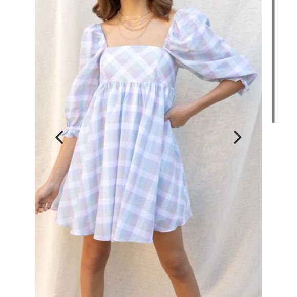 ✨NWT✨STORIA✨PASTEL PLAID PUFF-SLEEVEST BABYDOLL MINI DRESS - Picture 10 of 14